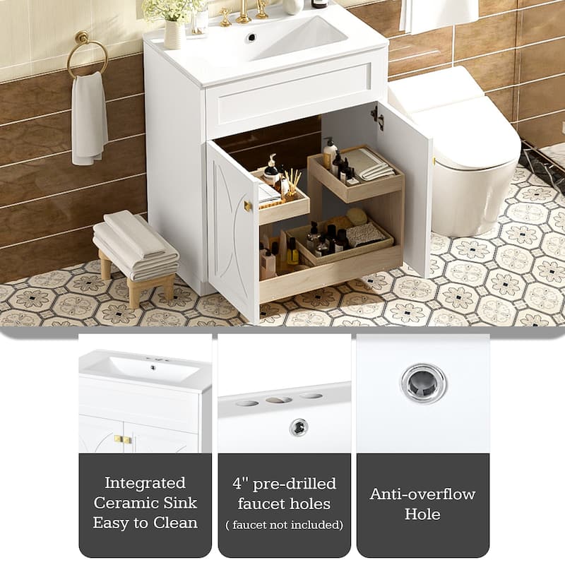 Modern Bathroom Vanity Floor Cabinet with Pull-out Rack, Soft Closing Textured Doors and Exquisite Gold Square Metal Handles
