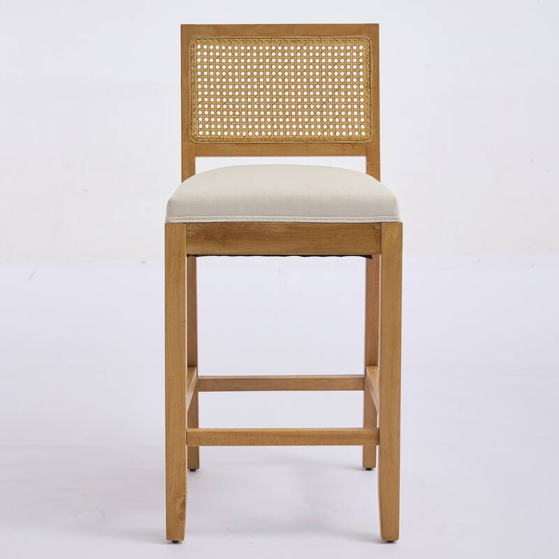 Full Solid Wood Rattan-Back Bar Stool, Matte Linen Cushion with High-Resilience Foam & S-Springs,Set of 2