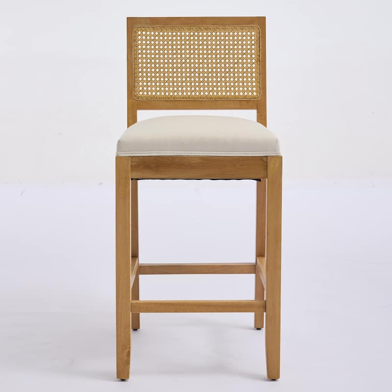 Linen Upholstered Full Solid Wood Bar Stools Set of 2, Bar Stool with Rattan Back, Breakfast Bar Chairs with Footstool - Beige