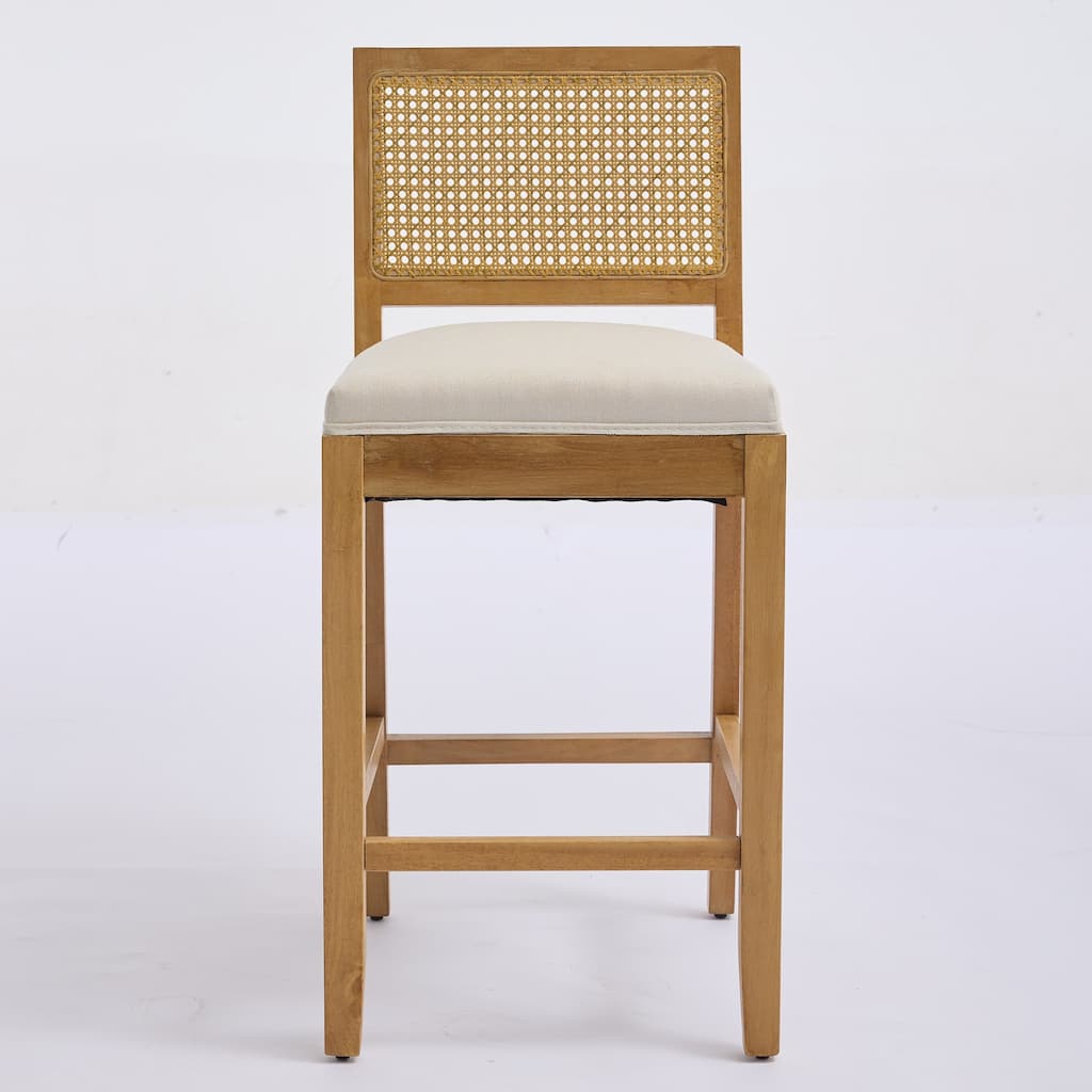 Linen Upholstered Full Solid Wood Bar Stools Set of 2, Bar Stool with Rattan Back, Breakfast Bar Chairs with Footstool