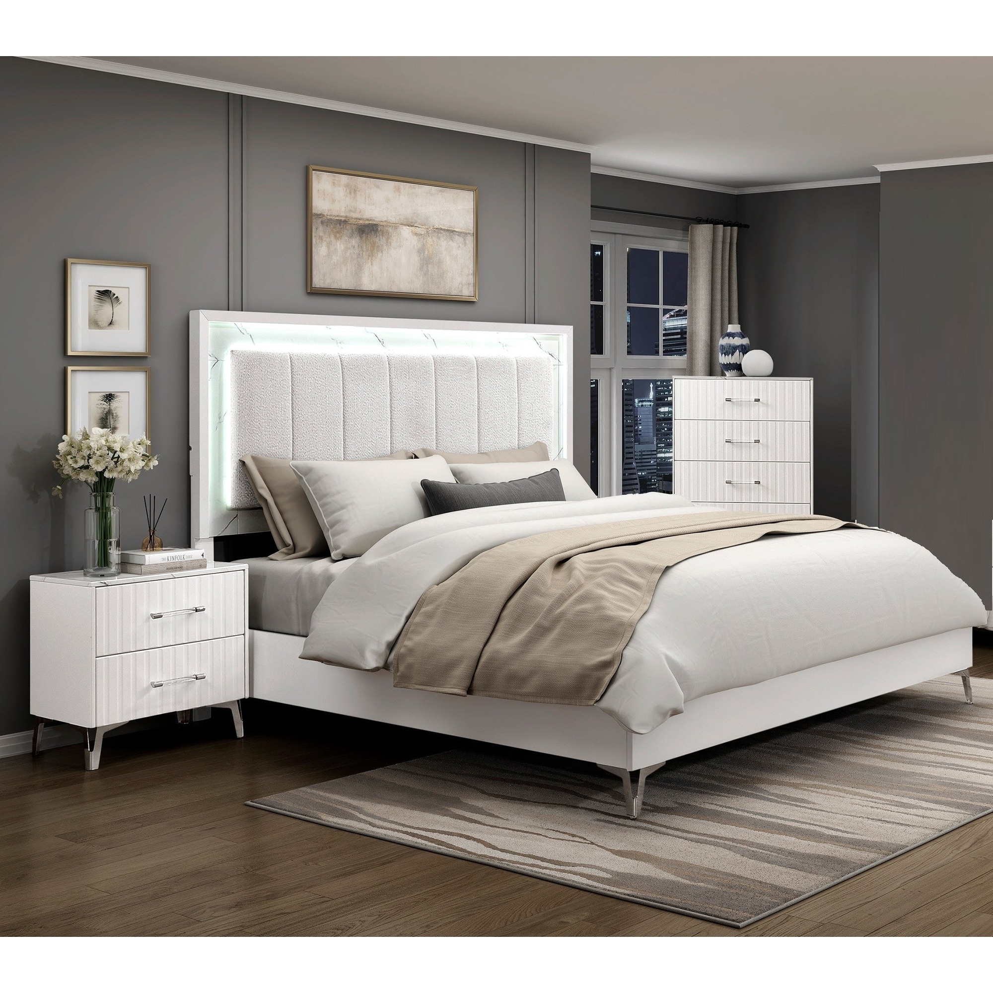 Glam White Bedroom Furniture LED Bed Chest Nightstand 3PC Set