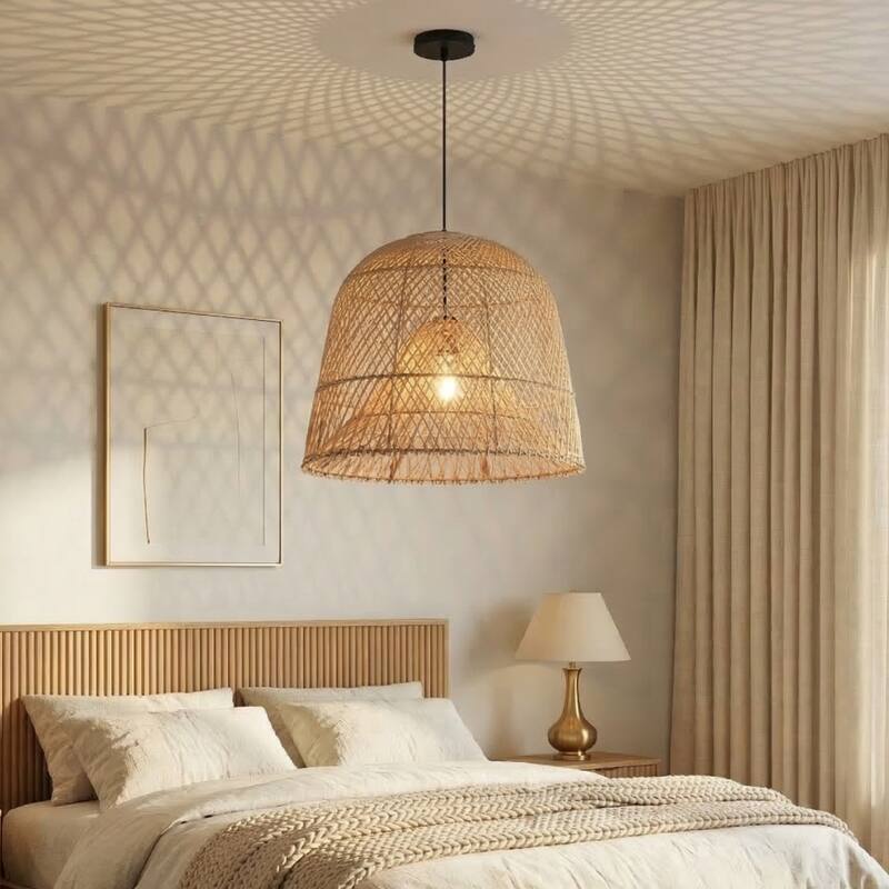 1-Light Coastal Retro Brown Rattan Hand-Woven Cloche Hanging Basket Pendant Light - 14.9" W x 59" H