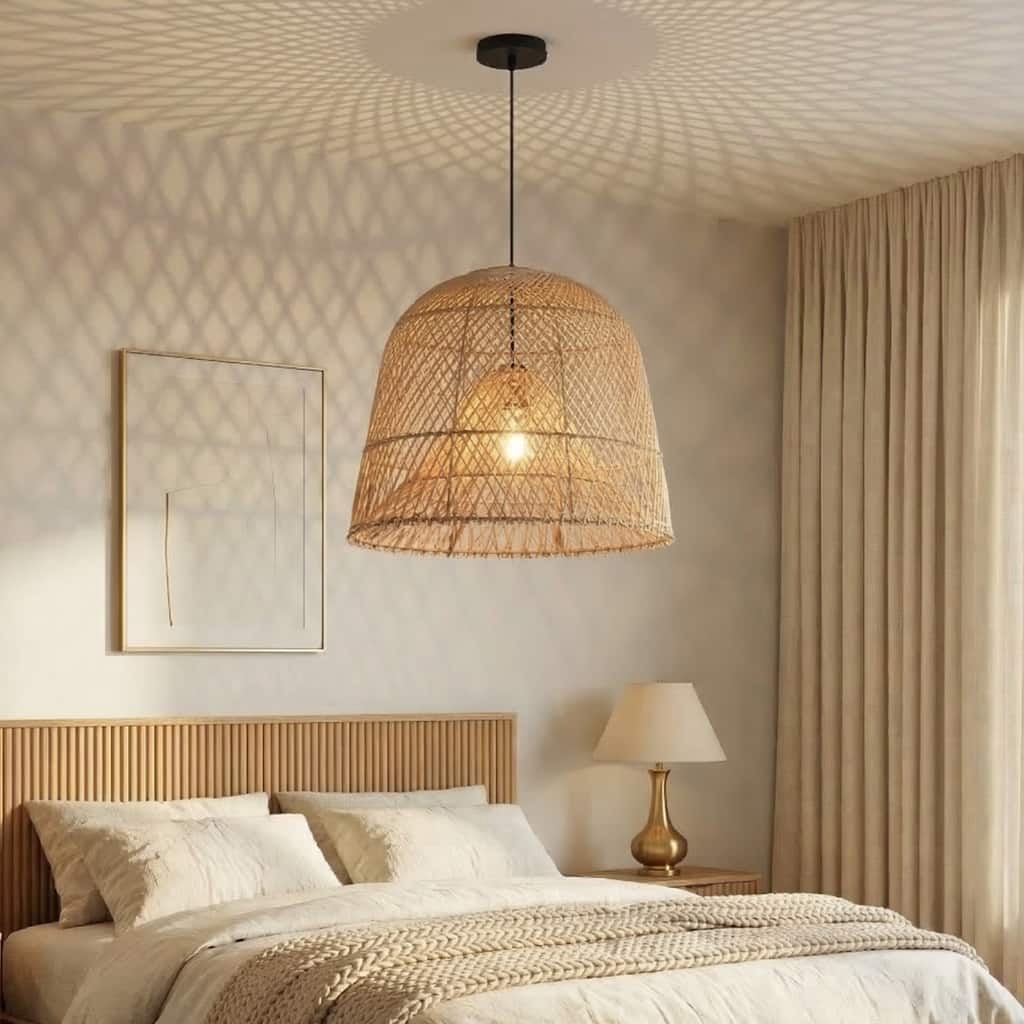 1-Light Coastal Retro Brown Rattan Hand-Woven Cloche Hanging Basket Pendant Light - 14.9" W x 59" H