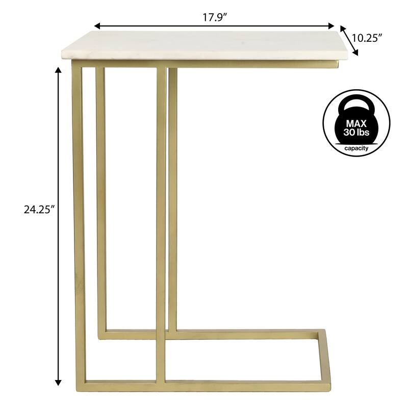 Caius 24.25" Industrial Metal C-Shaped End & Side Table w/ White Marble Top, By JONATHAN Y