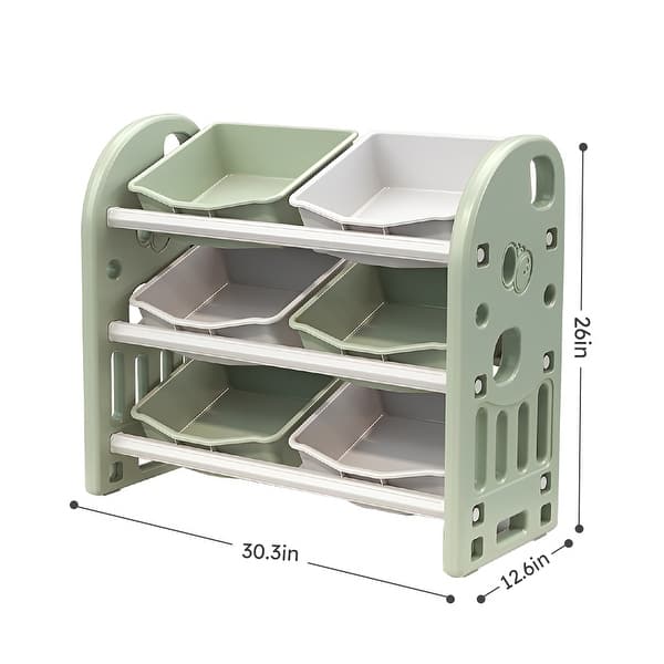 dimension image slide 1 of 2, Kids Toy Storage Organizer with 6 Bins, Nursery Organizer Kids Furniture Set Toy Storage Cabinet Unit with HDPE Shelf and Bins