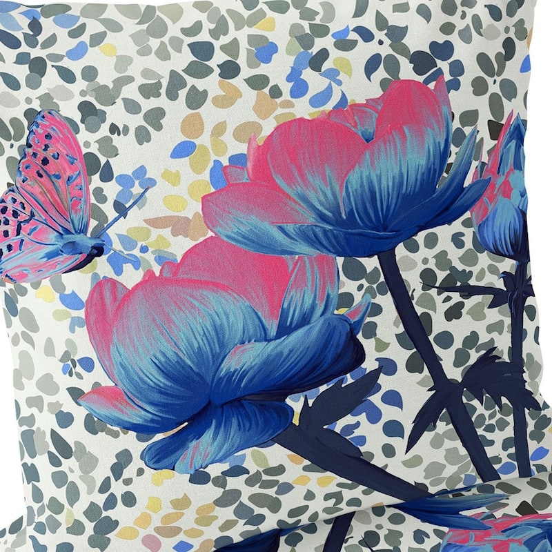 HomeRoots Set of Two 16" X 16" Blue and Pink Butterfly Blown Seam Floral Indoor Outdoor Throw Pillow - 16.00' X '16.00' X '5.00