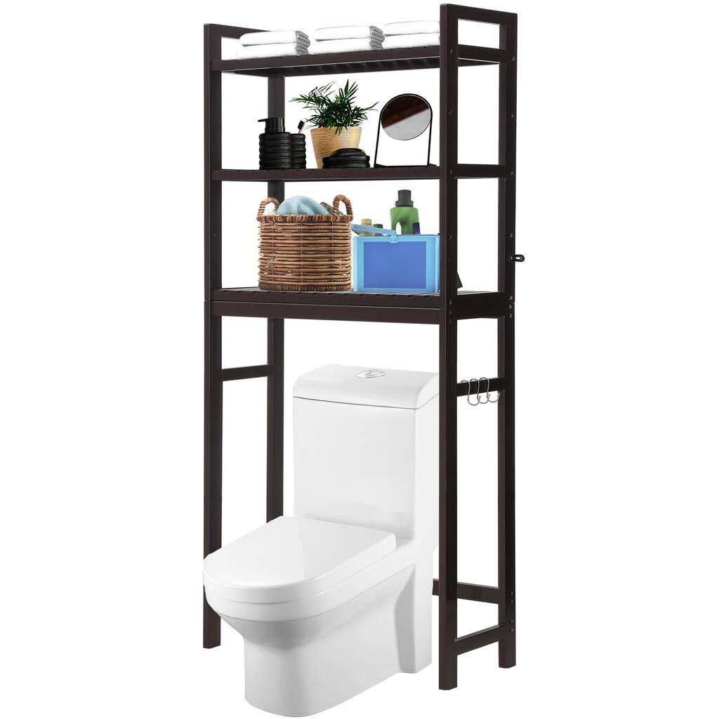 Adjustable Bamboo 3-Tier Above Toilet Storage Cabinet, 67" H, Stable, Anti-Tilt Kits Included