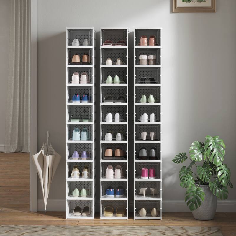HOMCOM 10 Pack Foldable Shoe Organizer, Plastic No Assembly Stackable Shoe Storage Box with Clear Door, Space Saving