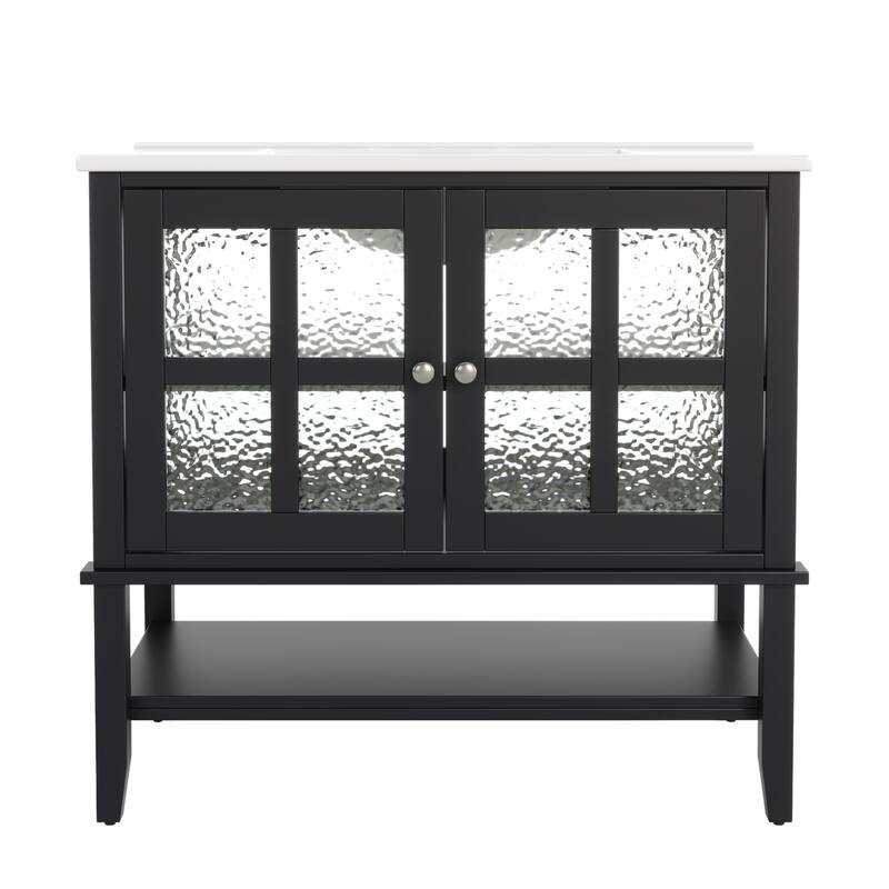36" Storage Cabinet for Bathroom Vanity with Sink, Textured Glass Doors, Open Shelf, Silver Metal Knobs and Adjustable Shelf