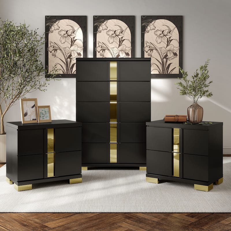 Furniture of America Halifax Modern Rubberwood Black Chest and 2 Nightstand Bedroom Set - Black