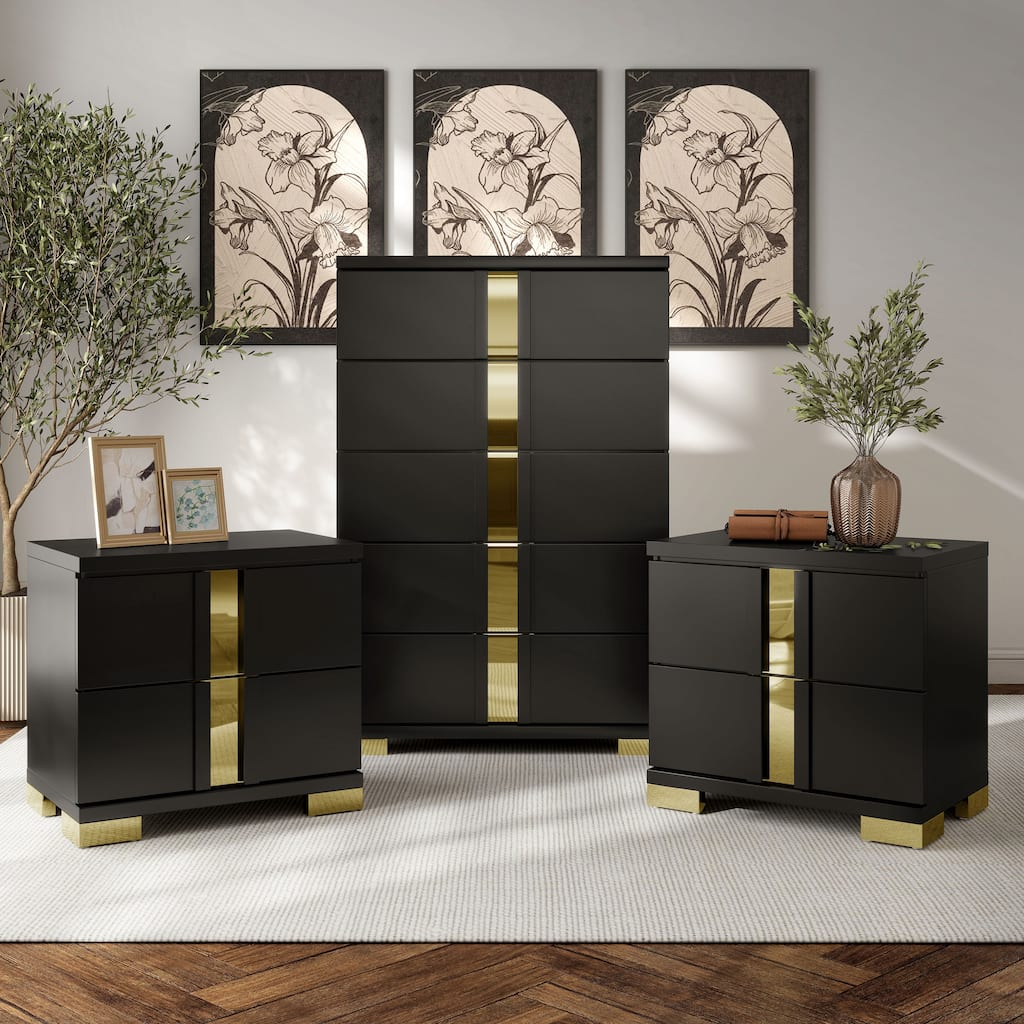 Furniture of America Halifax Modern Rubberwood Black Chest and 2 Nightstand Bedroom Set