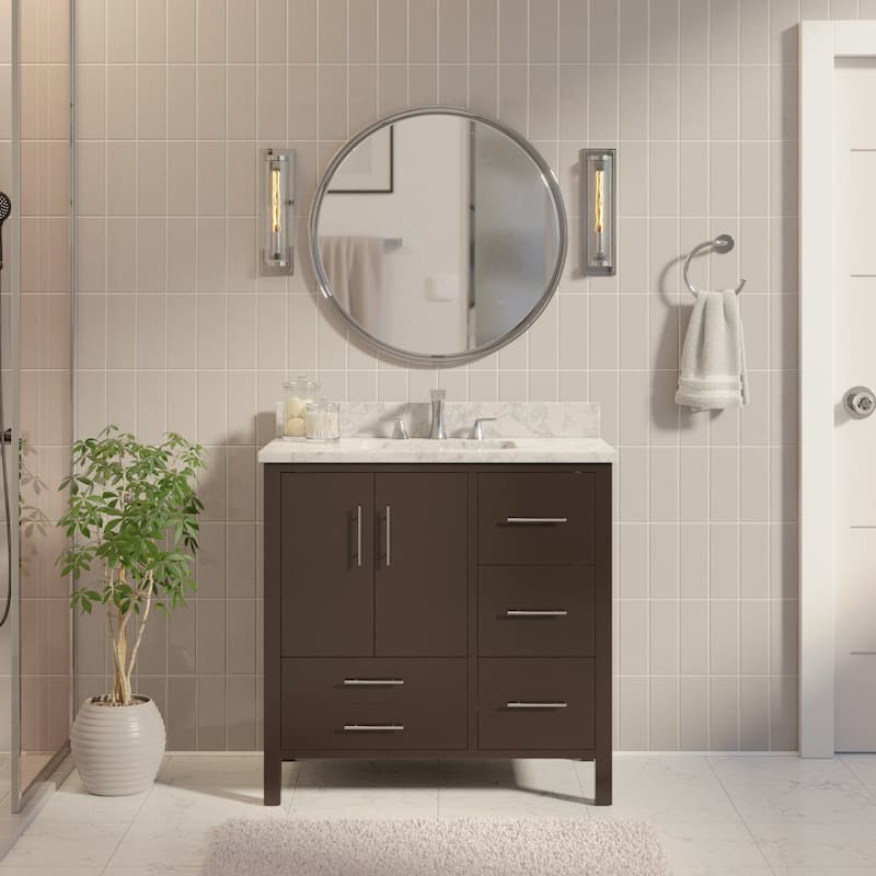 KitchenBathCollection California 36" Bathroom Vanity with Carrara Marble Top - Chocolate