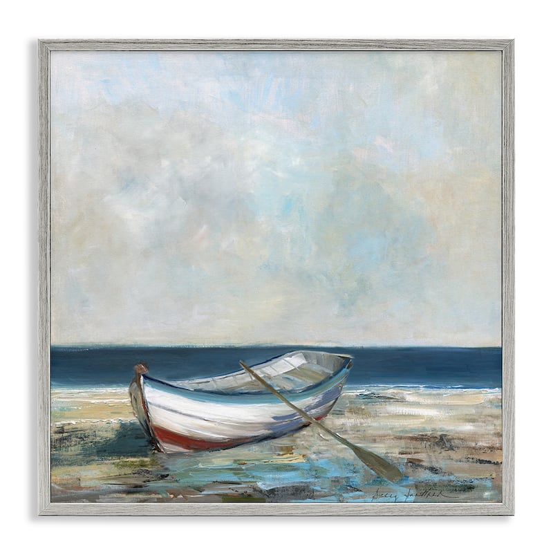Stupell Boat & Oar on Shore Framed Giclee Art Design By Sally Swatland - 17 x 17 - Grey