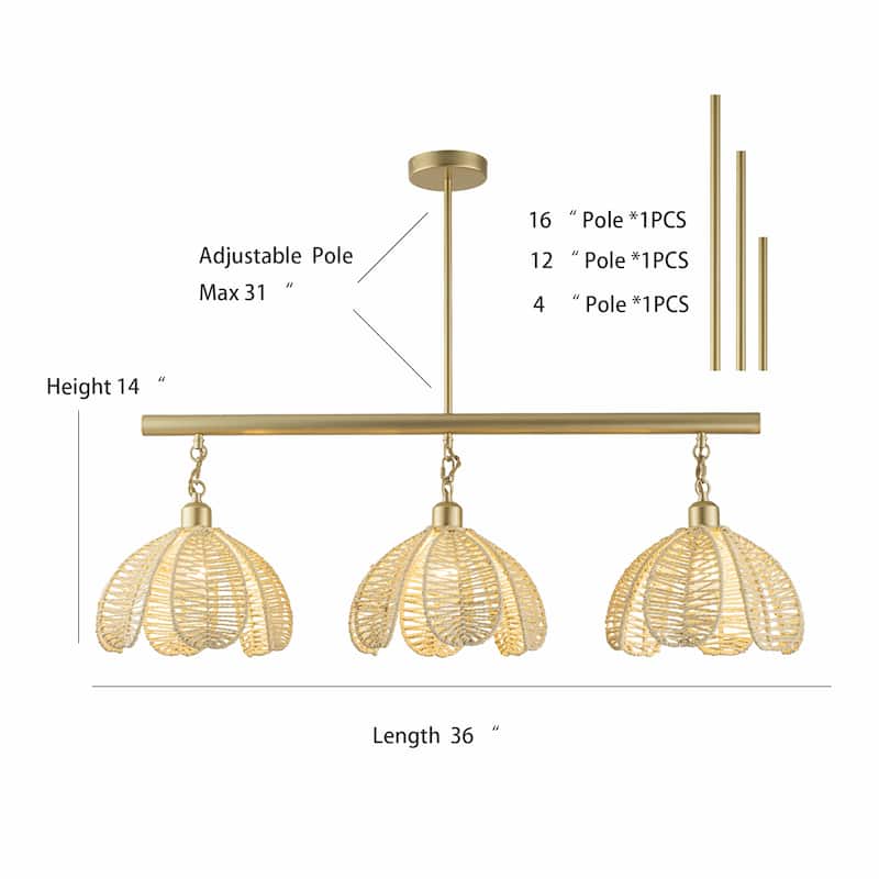 Cali 3-Light Wicker Flower Linear Pendant, Coastal Boho - Handwoven - 36" Wide