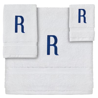 3-Piece Letter R Monogrammed Bath Towels Set, Embroidered Initial R Wedding Gift (White, Blue)