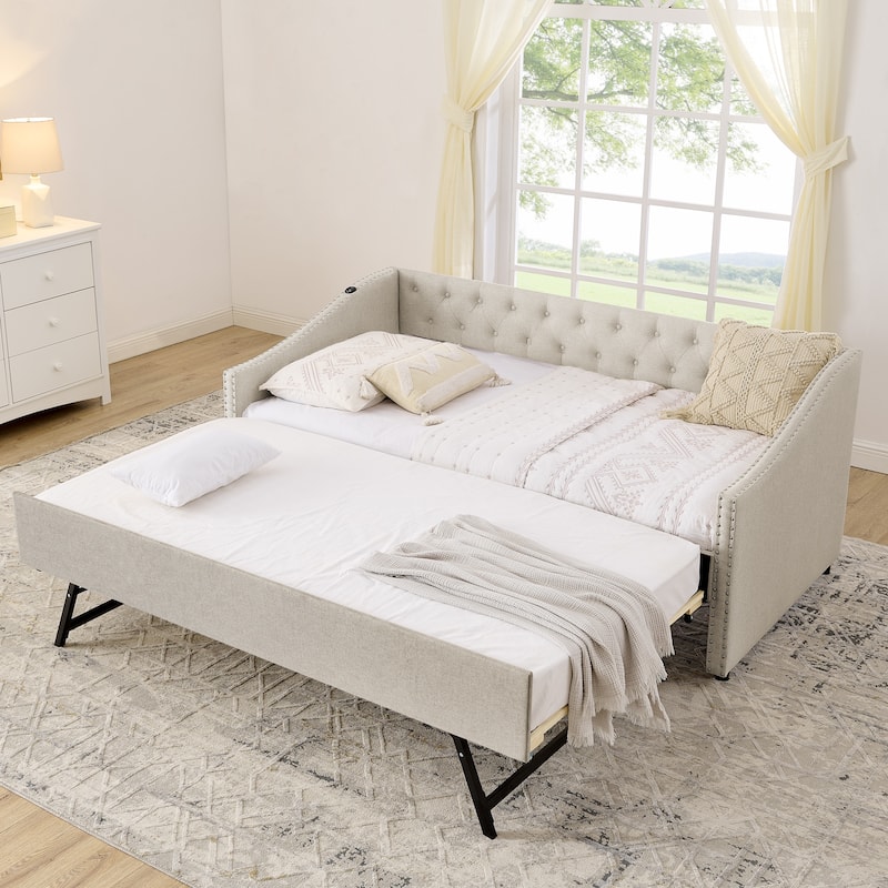 Twin Size Daybed with Pull Out Bed Trundle, Upholstered Button-Tufted Backrest Sofa Bed with Nailhead Trim & USB Charging Ports