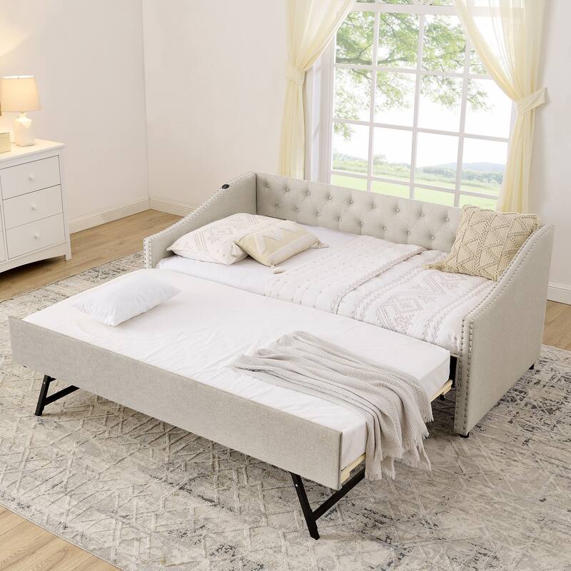Twin Size Extendable Daybed with Pull-Out Bed, USB Charging Ports, Button Tufted Back & Nailhead Trim