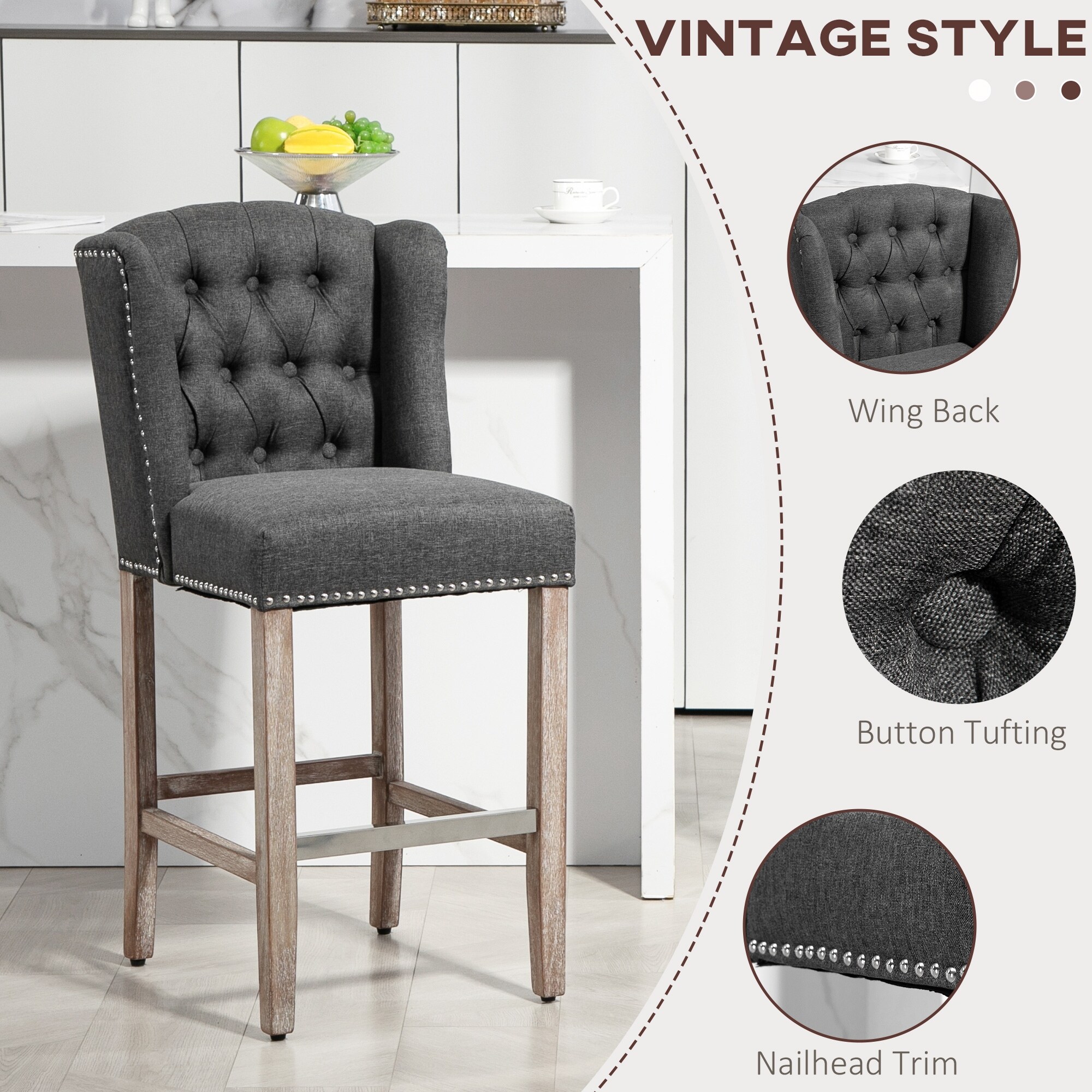 Counter Height Bar Stools Set of 2, Button-Tufted Upholstered