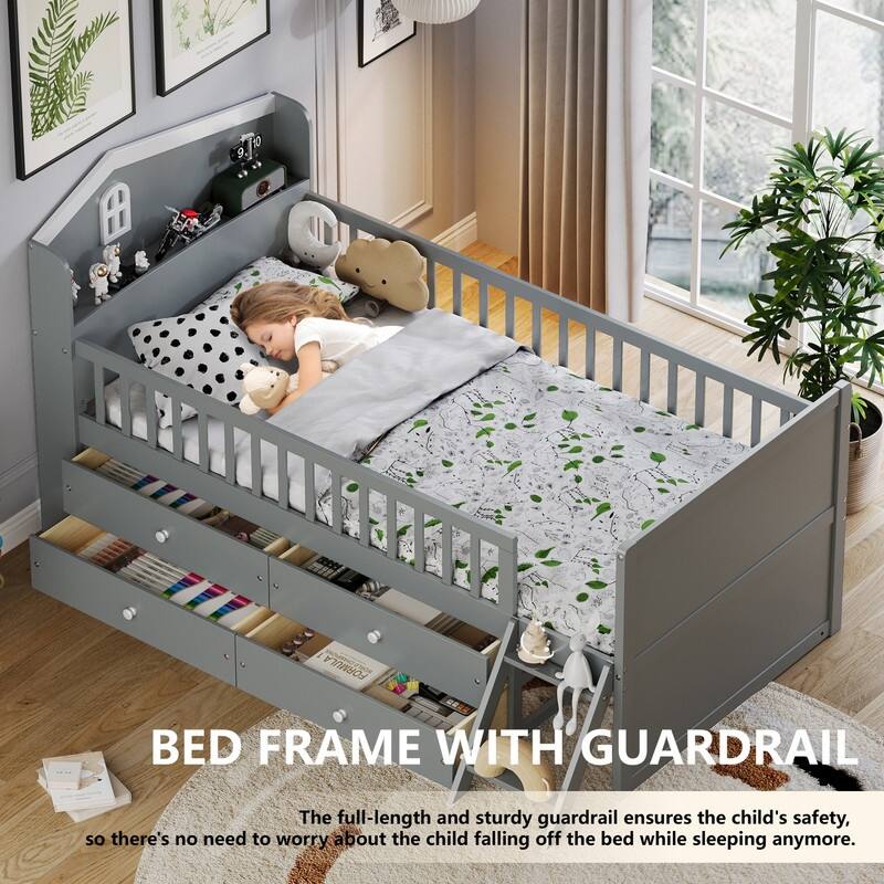Twin Size Kids House Bed Frame with Storage Headboard and 4 Drawers, Wooden Platform Bed with Guardrail and Small Ladder