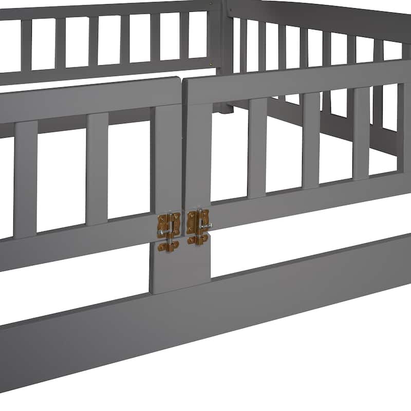 Solid Pinewood Floor Bunk Bed Frame with Slide and Ladder, Twin/Full Size Low Bunk Bed with Fence and Door for Kids Teens