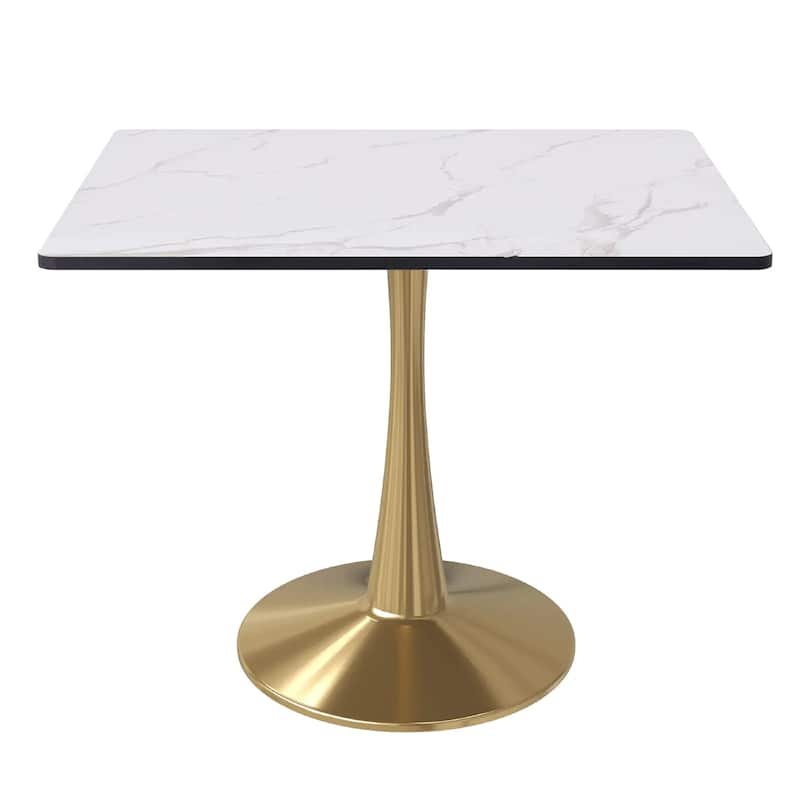 Bristol Square Marbled White MDF Wood Top and Gold Steel Pedestal Base Dining Table for Dining Rooms, Kitchens, and Restaurants - 35 in.