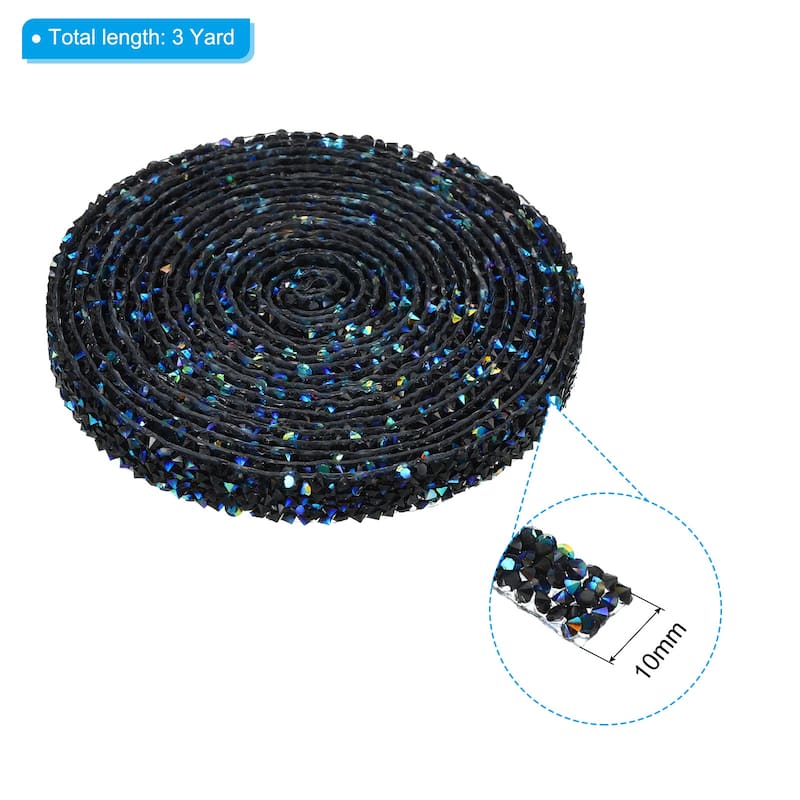 3 Yards Resin Rhinestone Ribbon Crystal Strips Hot Melt Adhesive, AB - Black - 10mm