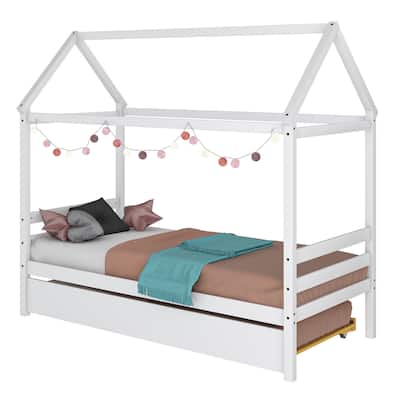 Gymax Twin House Bed Frame w/ Trundle Roof Wooden Platform Mattress
