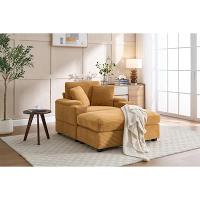 GDFStudio - Eldric Corduroy Chaise Lounge Sofa with Storage Armrest, Movable Ottoman and Cupholders