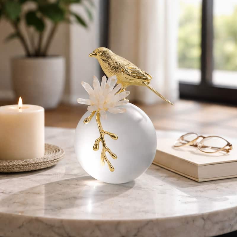 Metal Bird Statue with Crystal Sphere Base - 7", Gold & White - 7.0"