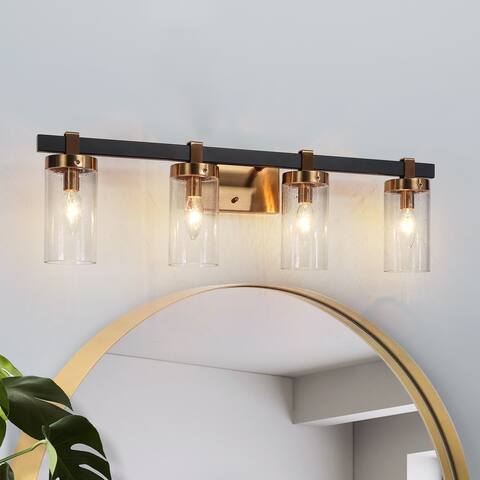 Modern 4-Light Gold and Black Bathroom Vanity Lighting with Clear Glass Shades - 28" L x 5" W x 8.5" H