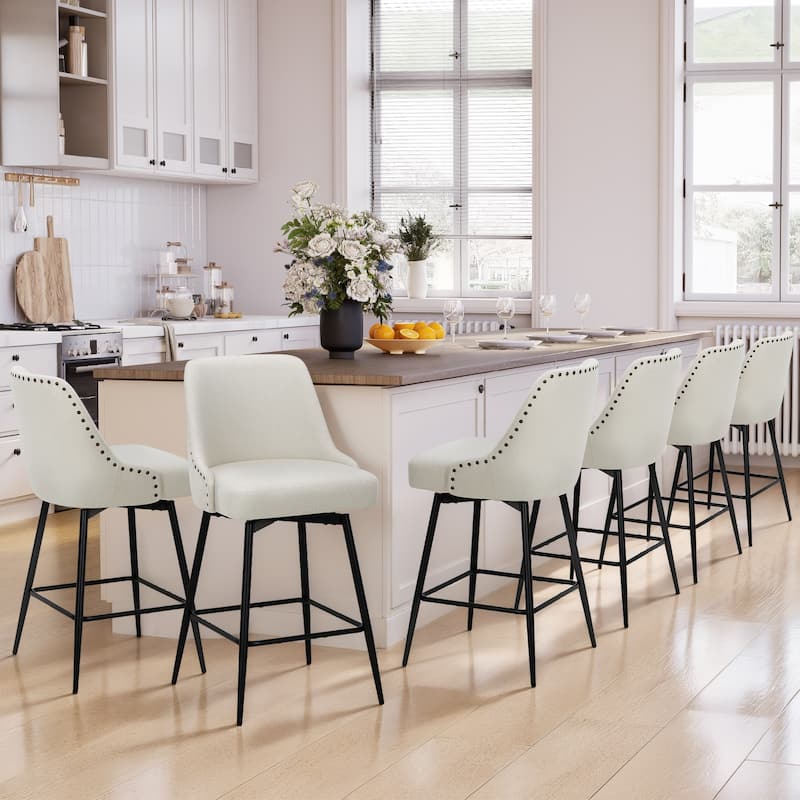 Industrial Swivel Bar Stools(Set of 2/4/6, Adjustable for Counter Height, 360° Spin & Plush Cushioned Seat - Set of 6 - Beige