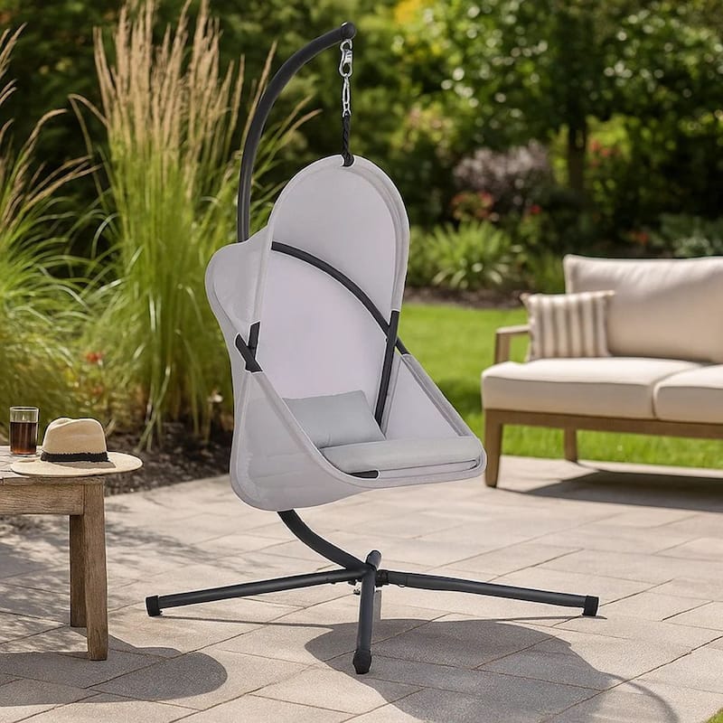 Cery Outdoor Egg Swing Chair, Foldable Stand, Light Gray Cushion