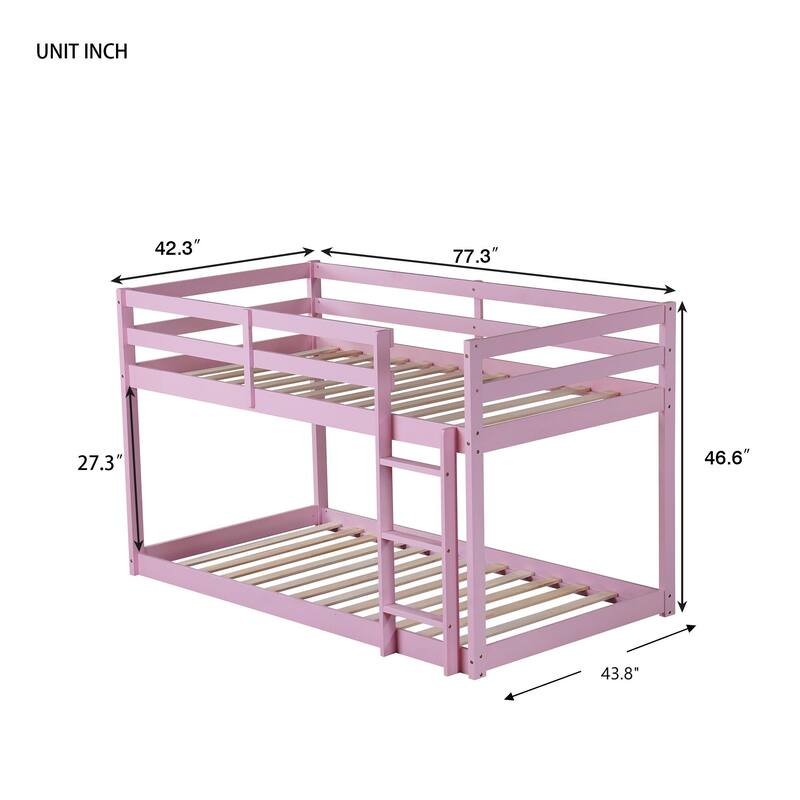 Solid Wooden, Solid Rubber Wooden Twin over Twin Floor Bunk Bed with Ladder, Upper and Bottom Bed