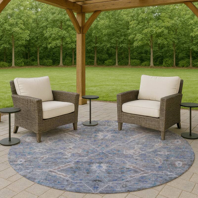 Machine Washable Indoor/ Outdoor Vintage Traditional Chantille Rug - Blue - 8' x 8'
