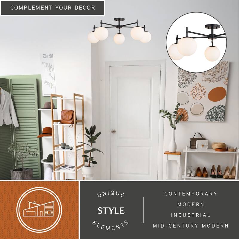 Armitage 32-in W Matte Black Semi Flush Mount Ceiling Light Fixture White Glass Globe Shade, LED Compatible