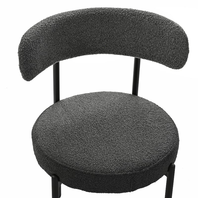 Modern Round Upholstered Boucle Dining Chairs Set of 2, Curved Backrest and black metal spray-painted legs