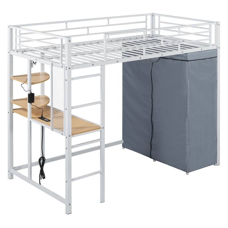 Twin Size Loft Metal Bed with Desk,Shelves,Power Outlet,LED Light and Wardrobe