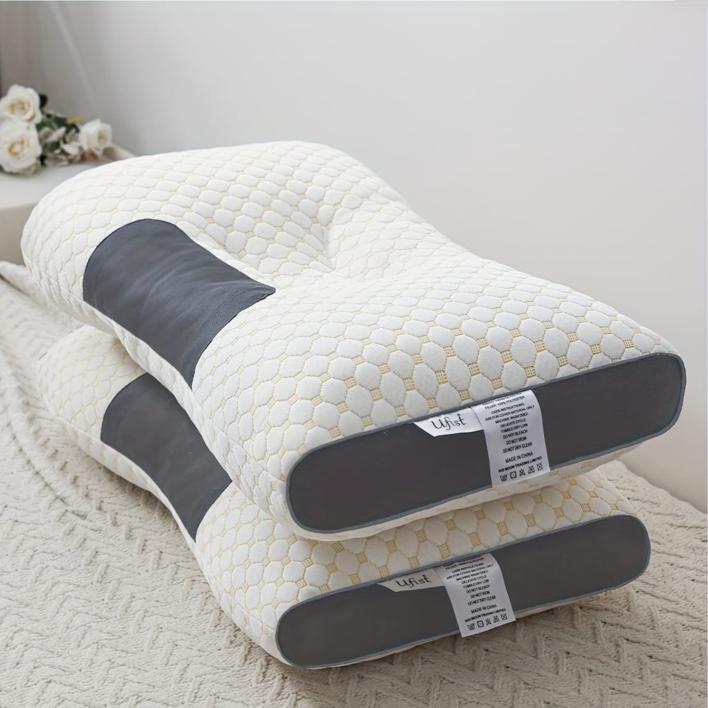 Set of 2 Ergonomic Cervical Neck Pillows, Orthopedic Contour Support Bed Pillow with Washable Covers - Beige