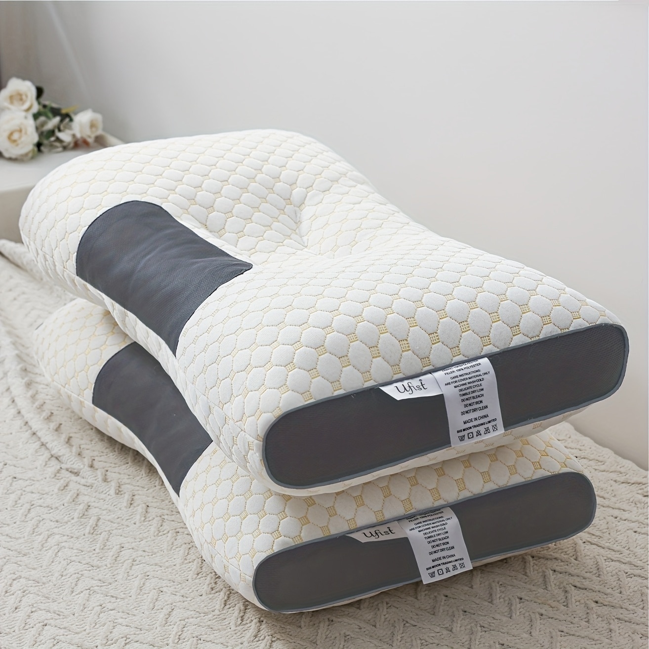 Set of 2 Ergonomic Cervical Neck Pillows, Orthopedic Contour