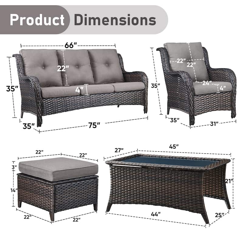 Pocassy 6 Pieces Outdoor 3-Seat Sofa Chairs Table Ottoman