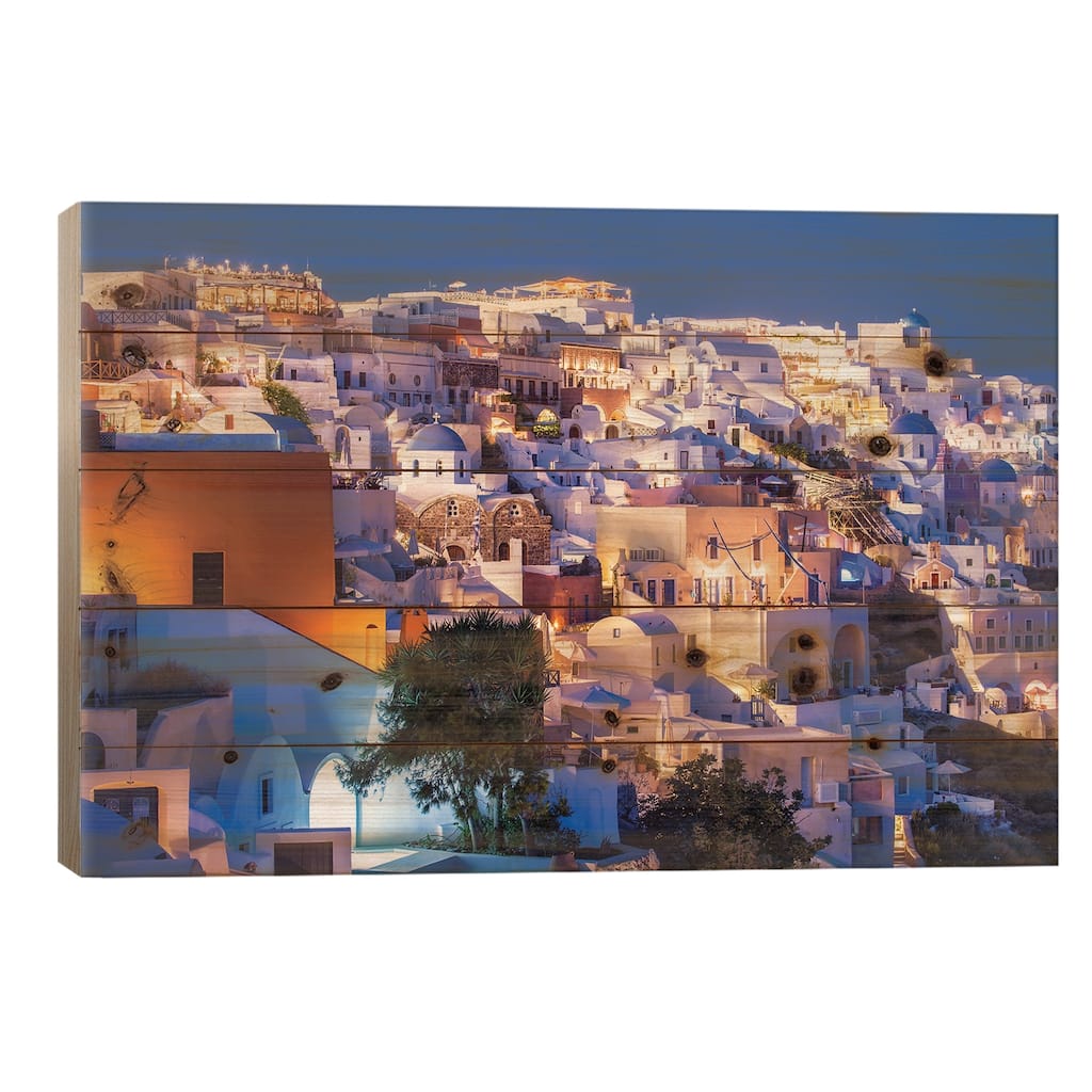 Oia At Night, Santorini, Greece Print On Wood by Jan Becke - Multi-Color