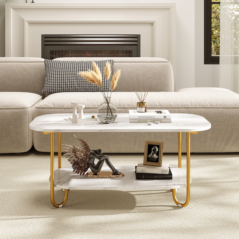 Gymax Faux Marble Top Coffee Table w/Metal Frame Rounded Corners &