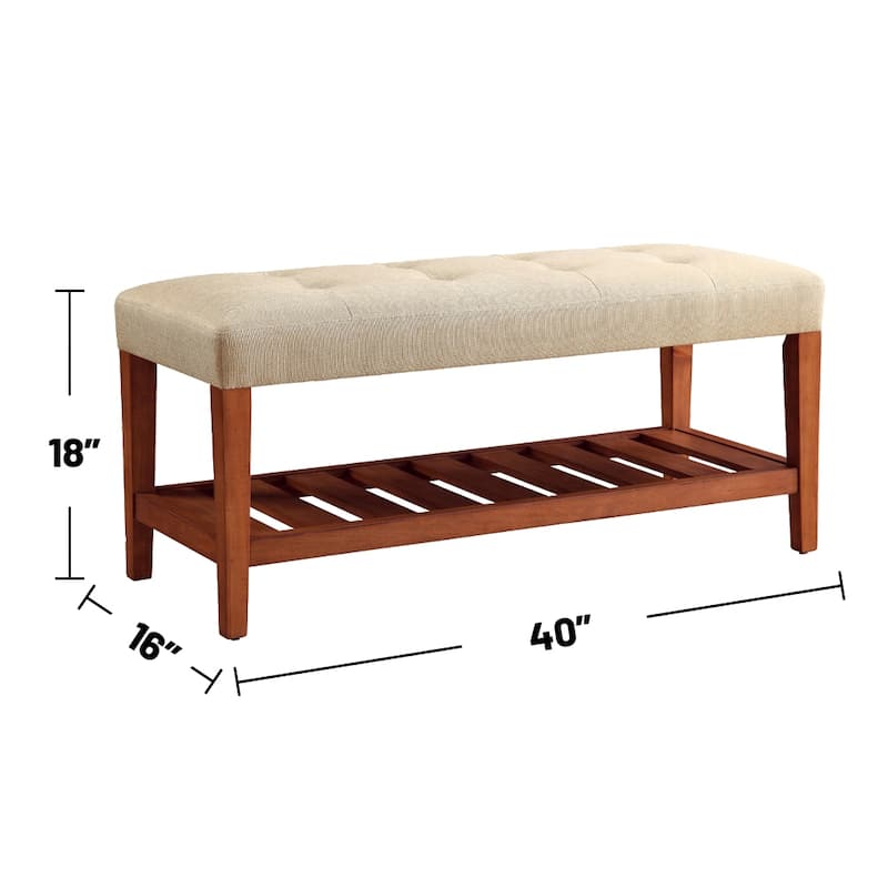 Fabric Upholstered Bench with Open Storage, Blue and Oak