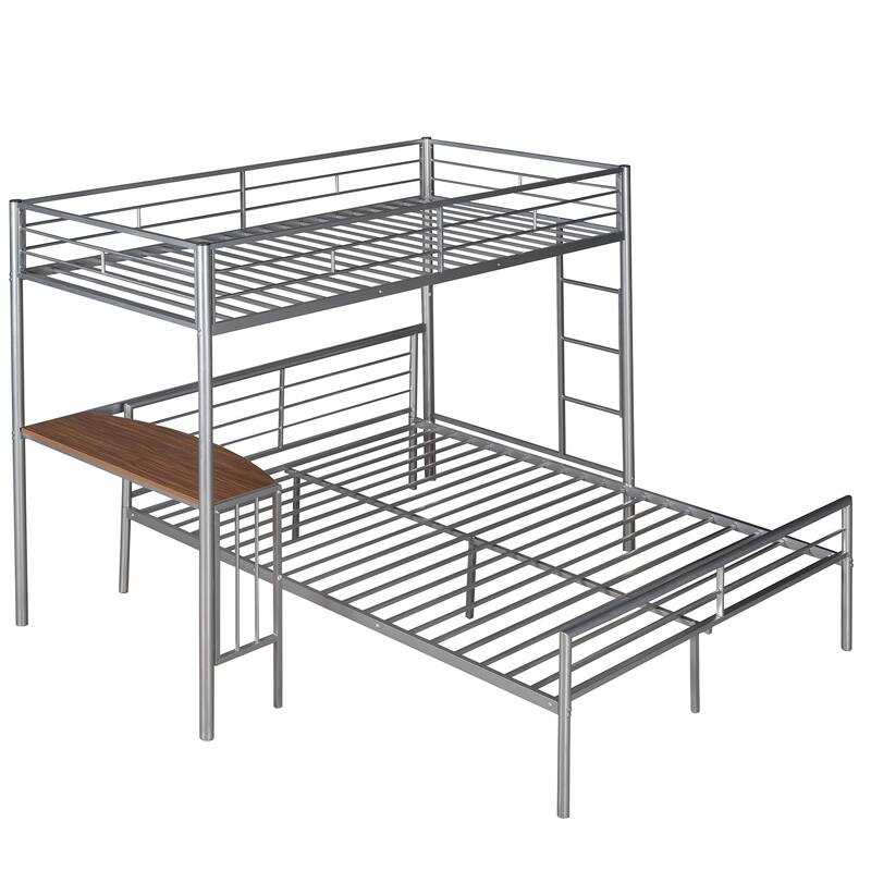 L-Shaped Metal Bunk Bed w/Built-in Desk & Ladder, Twin Over Full Size