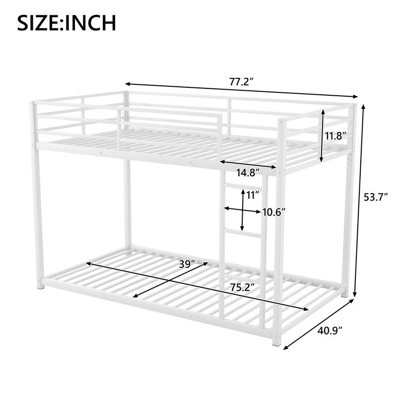 Twin/Full Size Metal Low Bunk Bed, Heavy Duty Steel Bunk Bed Frame with Built In Ladder and Guardrail