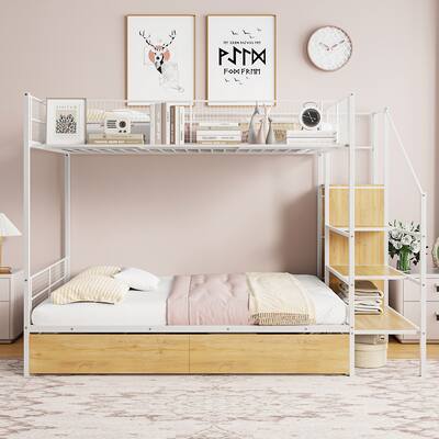 Twin over Full Metal Bunk Bed with Storage Ladder