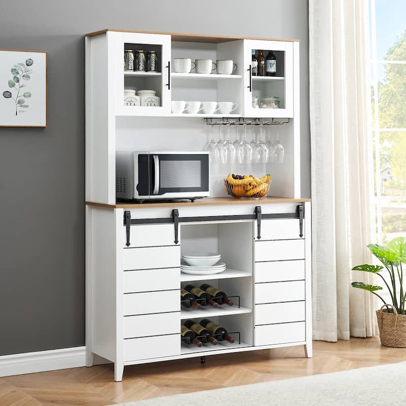 Farmhouse Wine Cabinet Kitchen Buffet with Wine Rack - 15.7"D x 47.2"W x 69.6"H - White