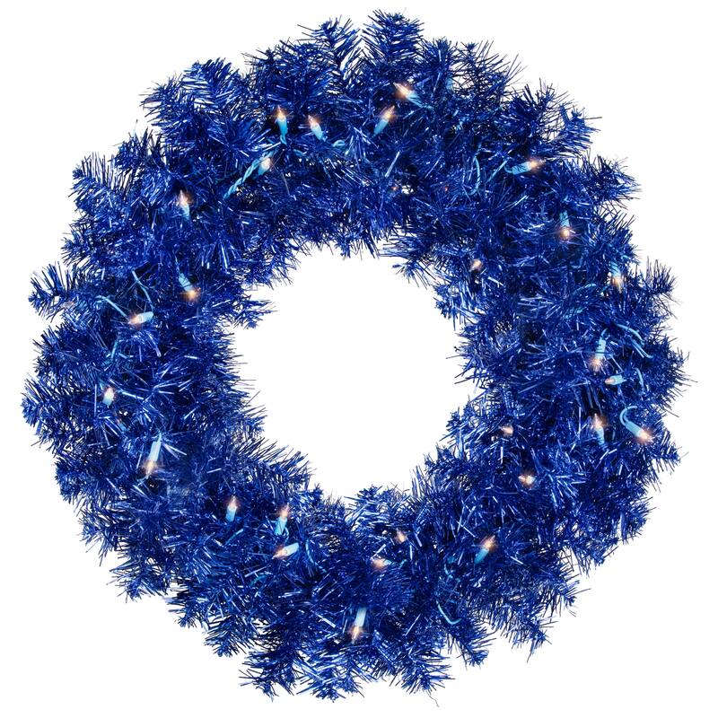 Pre-Lit Artificial Tinsel Christmas Wreath - 24" - Blue - Clear Lights
