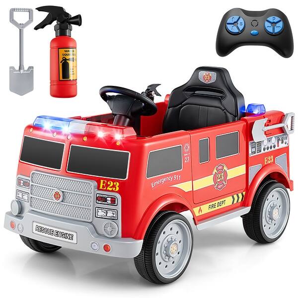 slide 2 of 10, Gymax Kids Ride on Fire Truck 12V Battery Powered Electric Vehicle w/ Red - Assembly Required - Kids