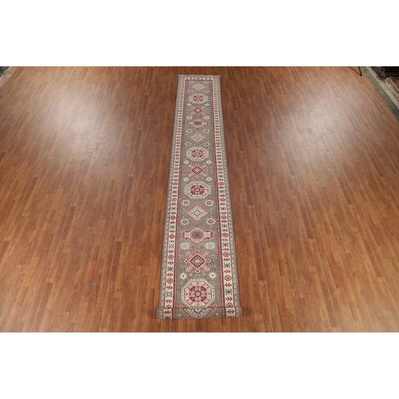 Geometric Kazak Runner Rug Handmade Oriental Grey Wool Carpet - 2'7" x 16'3"
